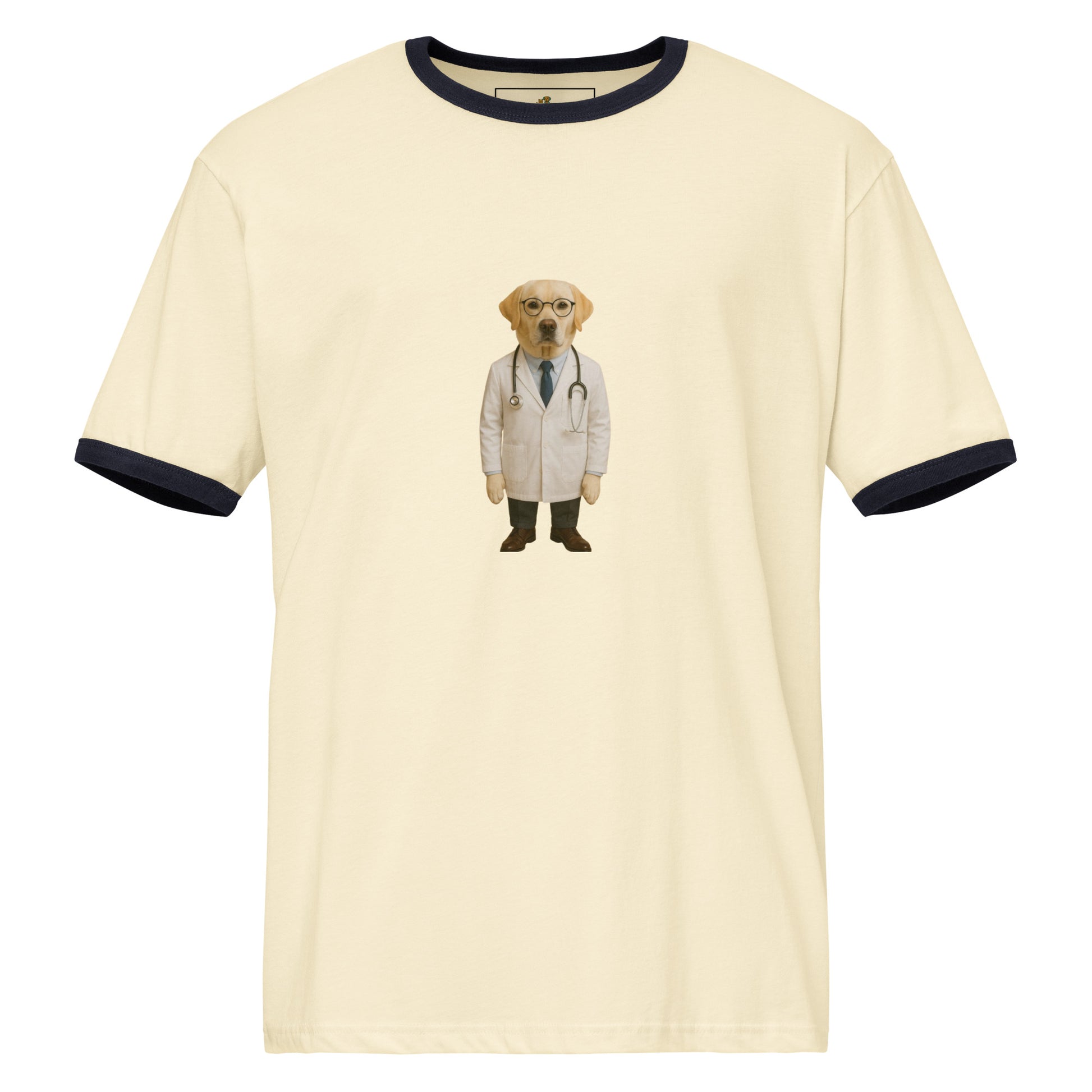 Beige t-shirt with a dog in a doctor's outfit on a white background