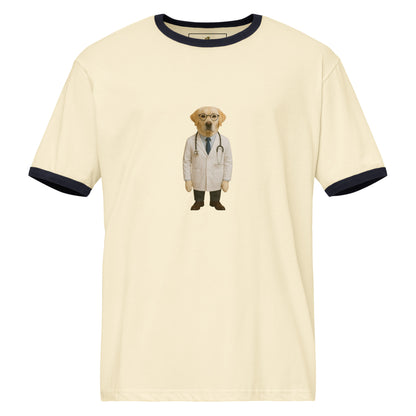 Beige t-shirt with a dog in a doctor's outfit on a white background
