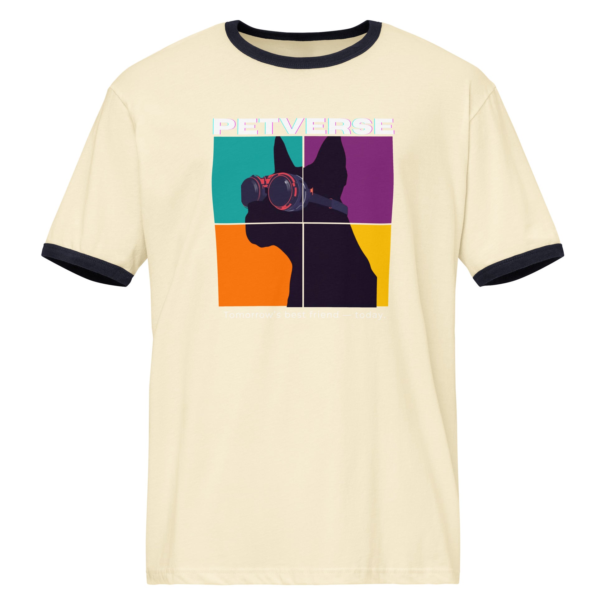 Beige t-shirt with colorful dog graphic and 'PETVERSE' text on a white background