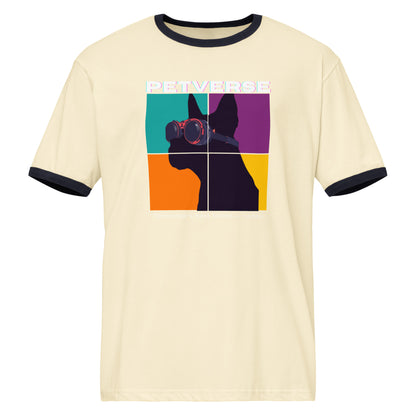 Beige t-shirt with colorful dog graphic and 'PETVERSE' text on a white background