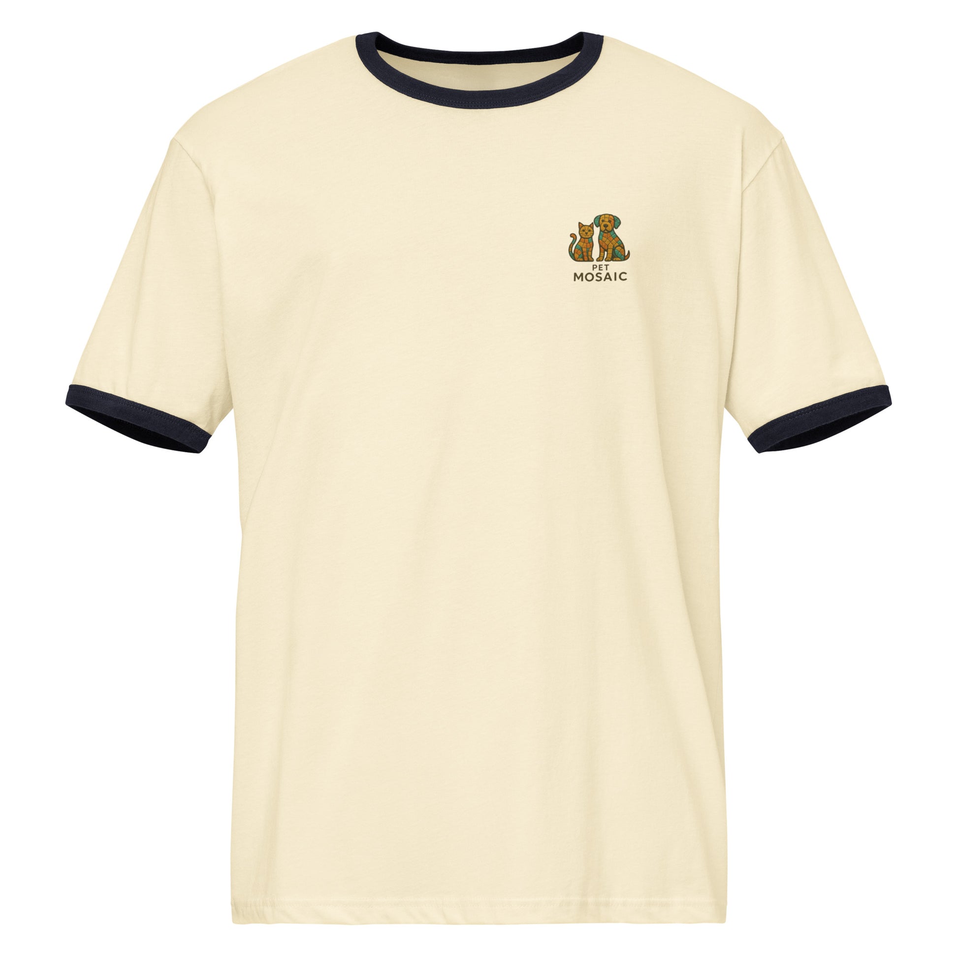 Beige t-shirt with black trim and a logo on a white background