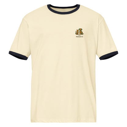 Beige t-shirt with black trim and a logo on a white background