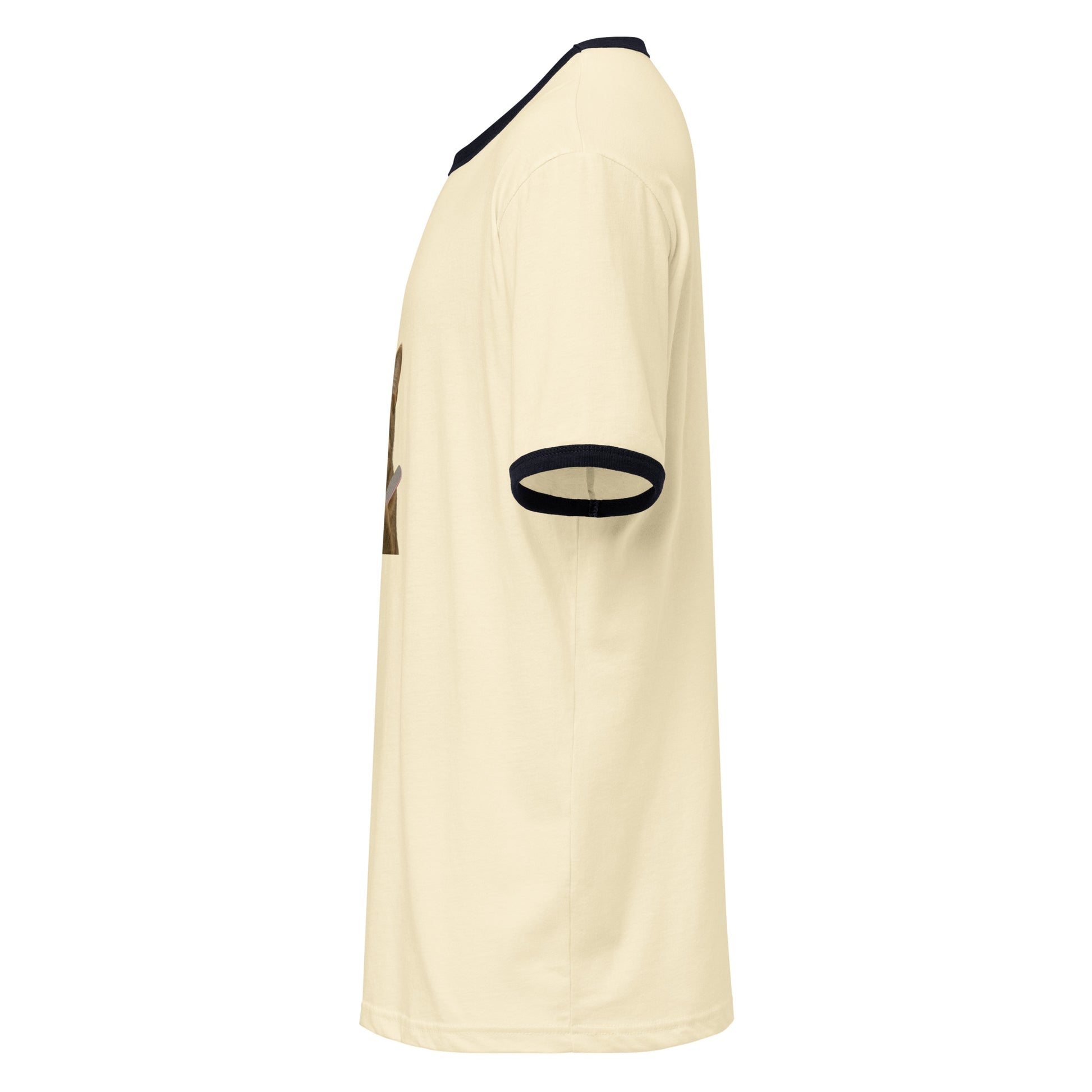 Beige sports jersey with black accents on a white background