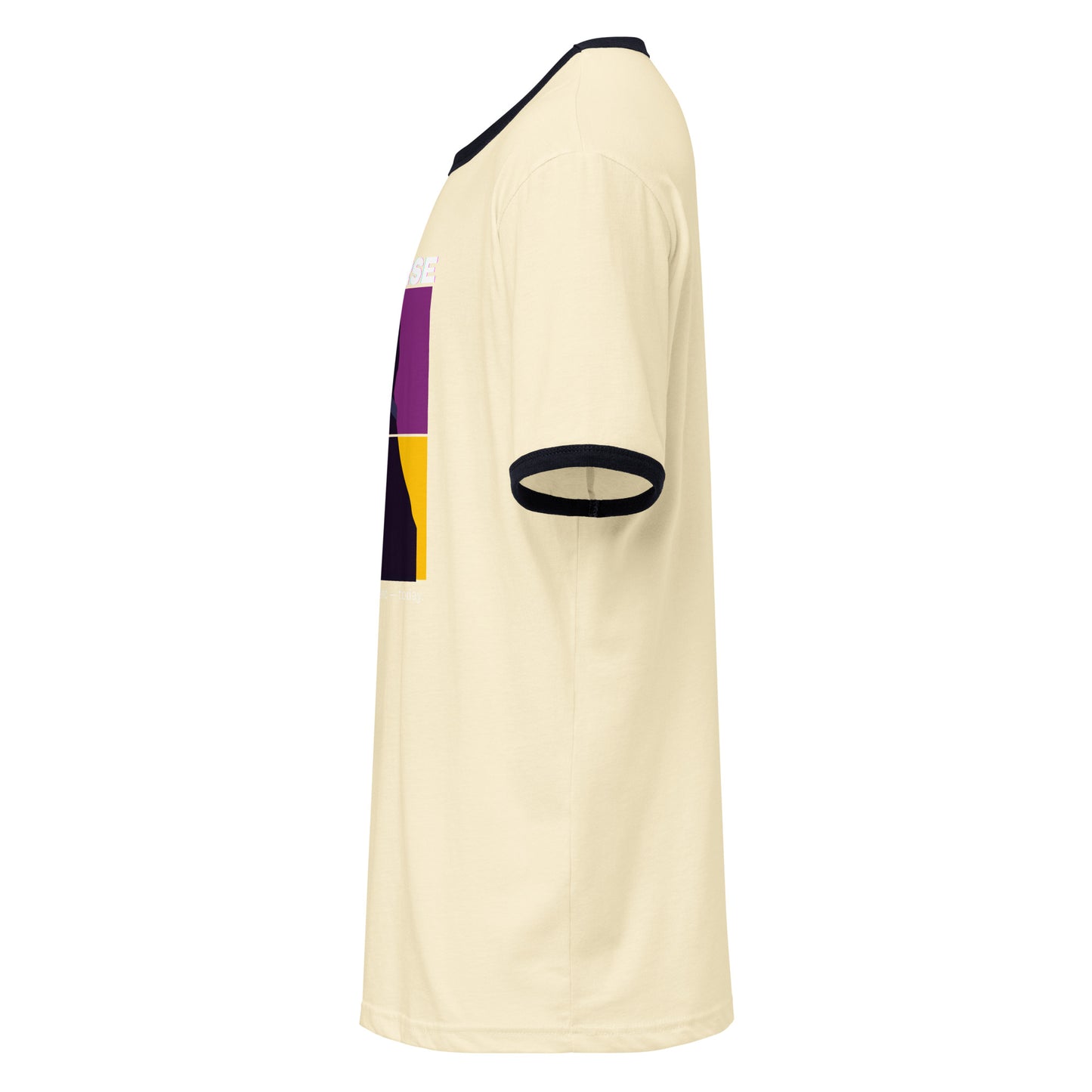 Beige sports jersey with black and purple accents on a white background