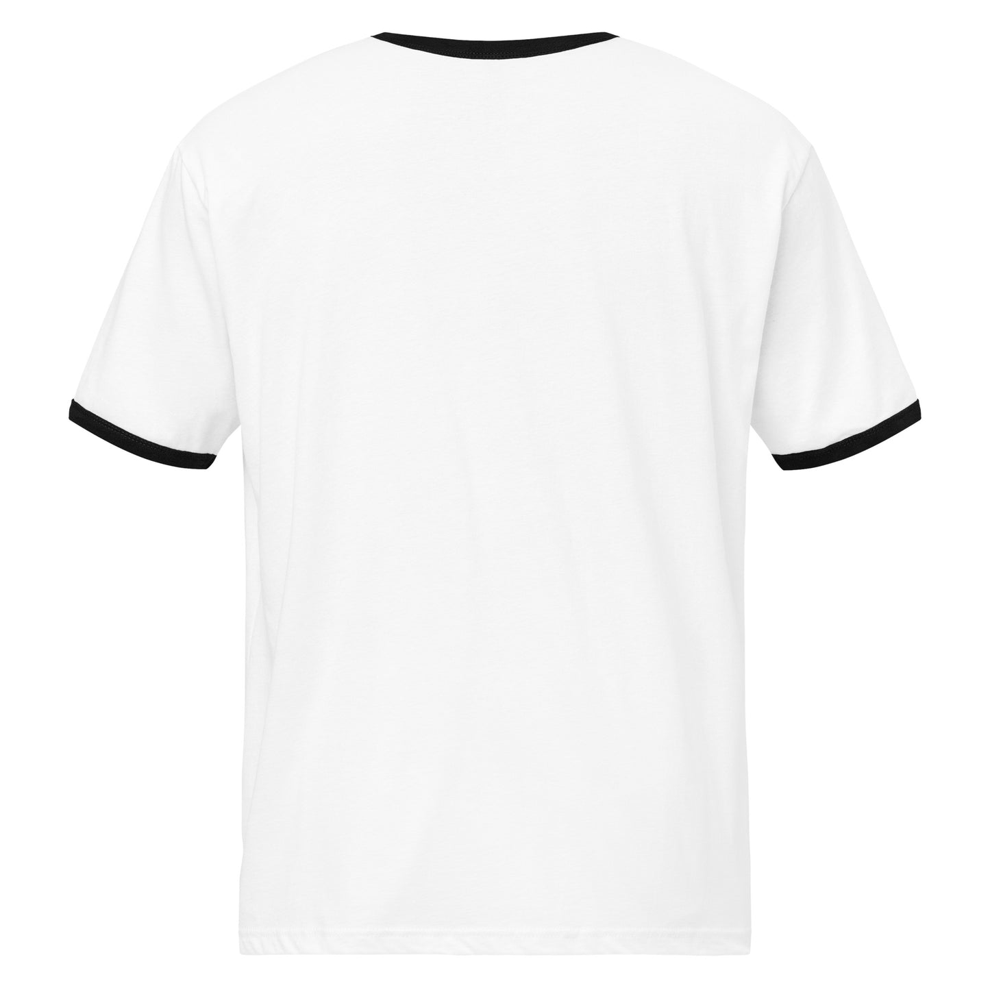 White t-shirt with black trim on a white background