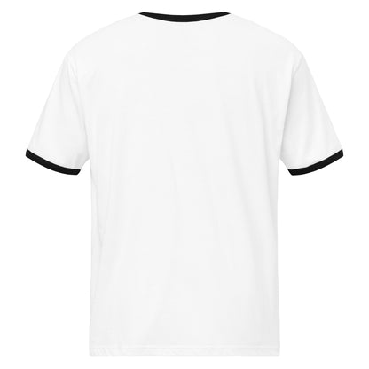 White t-shirt with black trim on a white background