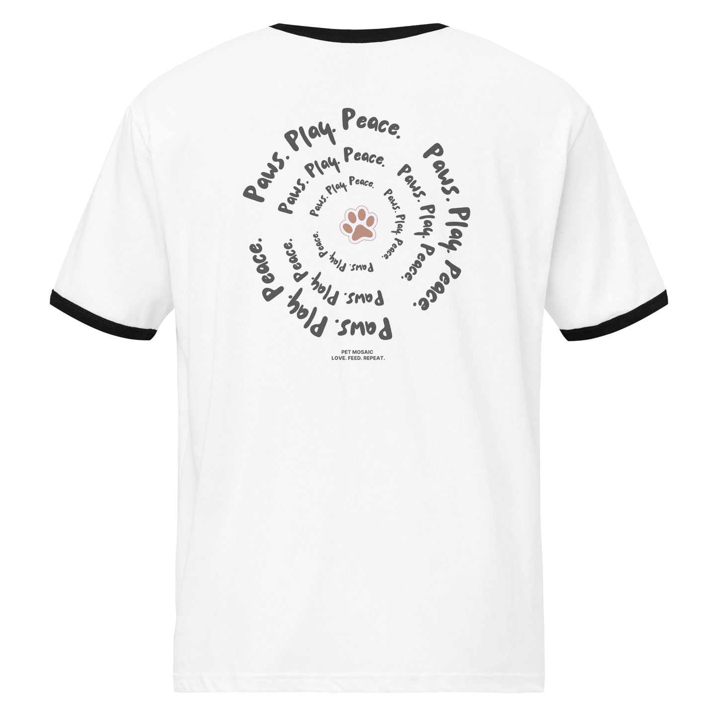 White t-shirt with black text and paw prints on a white background