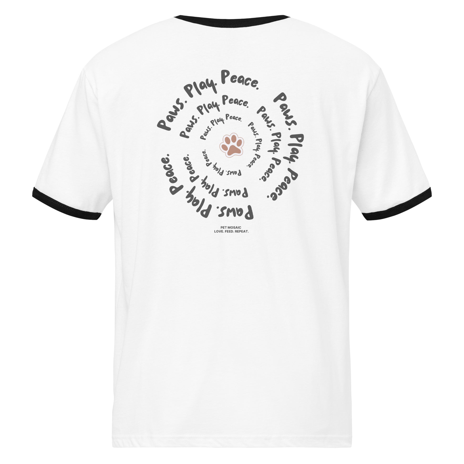 White t-shirt with black text and paw prints on a white background