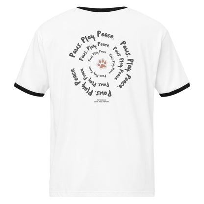 White t-shirt with black text and paw prints on a white background