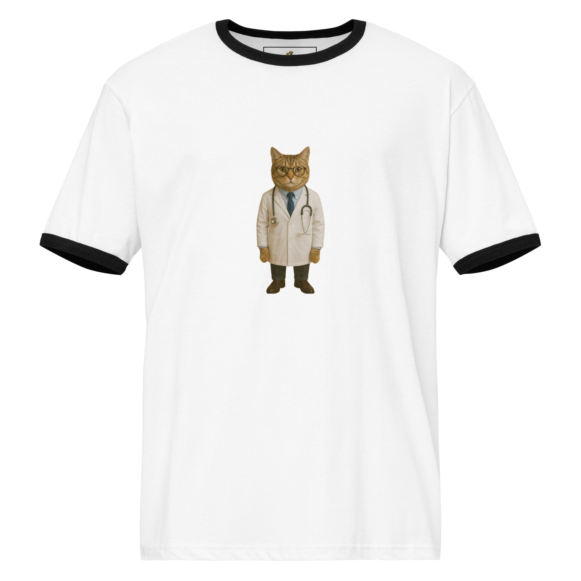 White t-shirt with a cat in a doctor's outfit graphic on a white background
