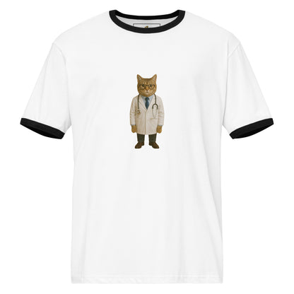 White t-shirt with a cat in a doctor's outfit graphic on a white background
