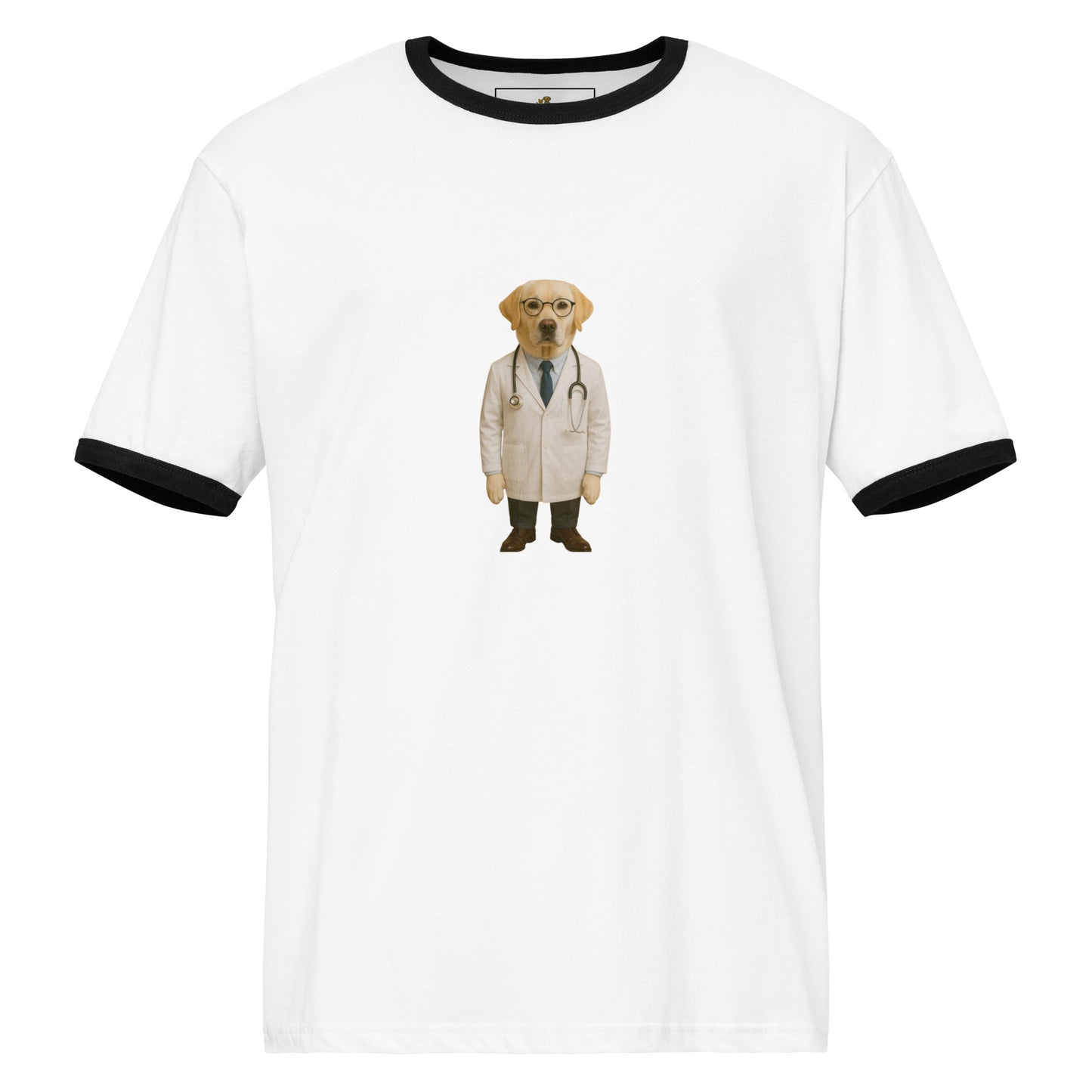 White t-shirt with black ringer sleeves featuring a dog in a doctor's outfit on a white background