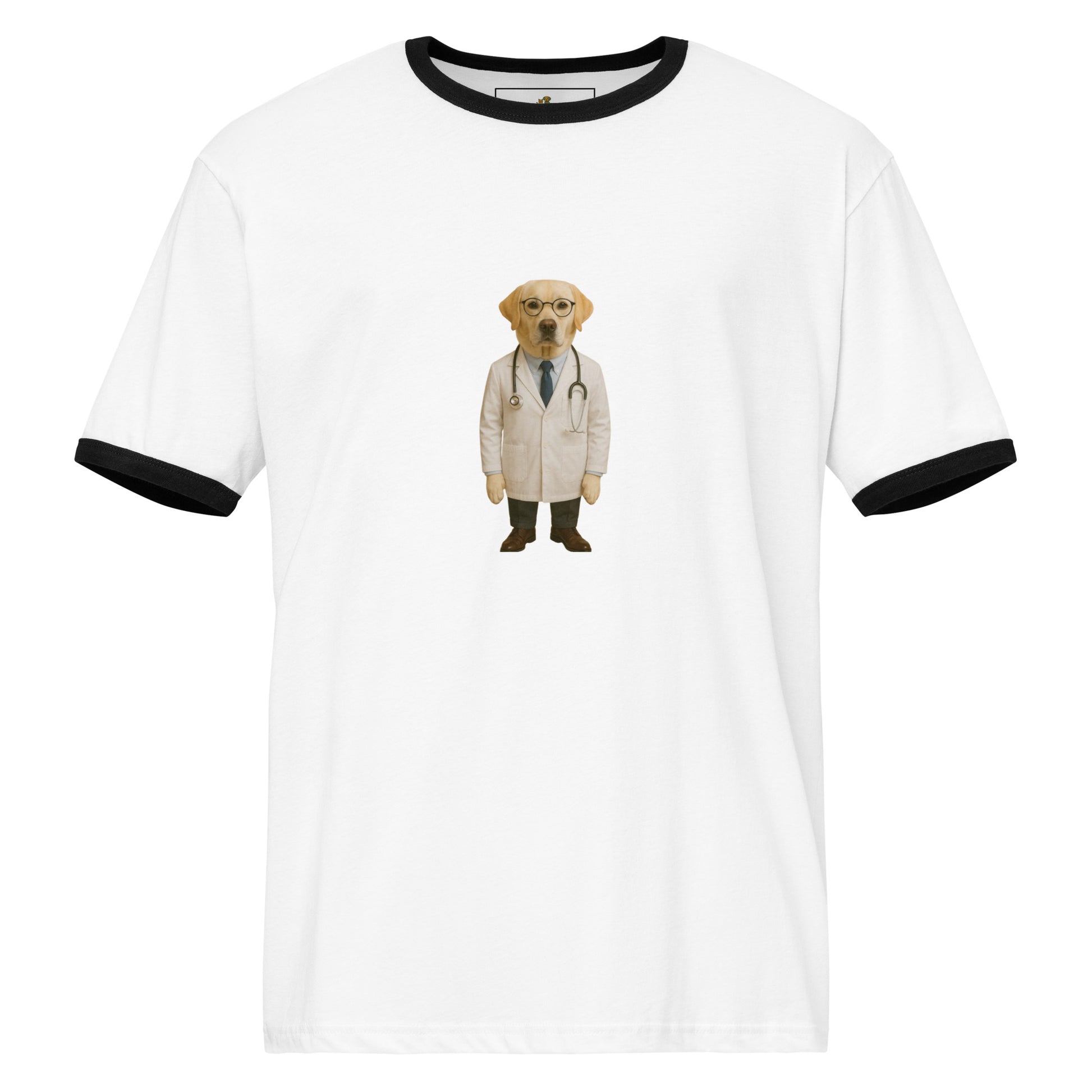White t-shirt with black ringer sleeves featuring a dog in a doctor's outfit on a white background