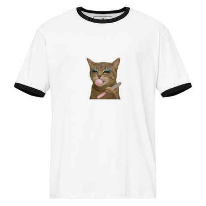 White t-shirt with black ringer sleeves featuring a graphic of a cat blowing a bubble, on a white background.