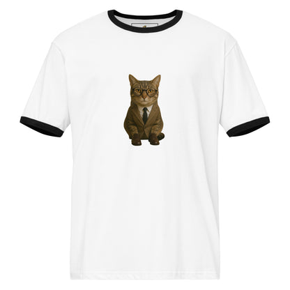 White t-shirt with a cat in a suit graphic on a white background