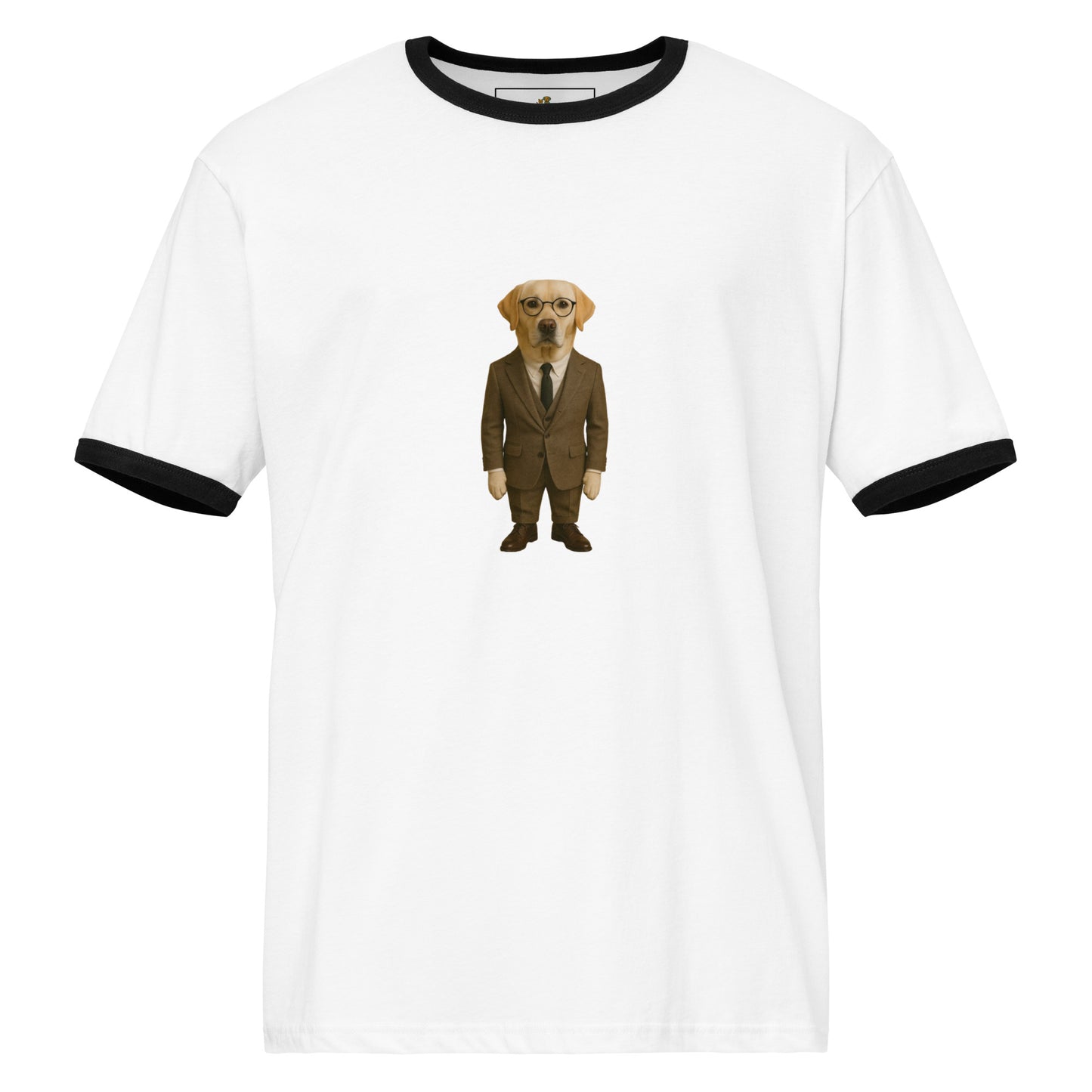 White t-shirt with a dog in a suit graphic on a white background
