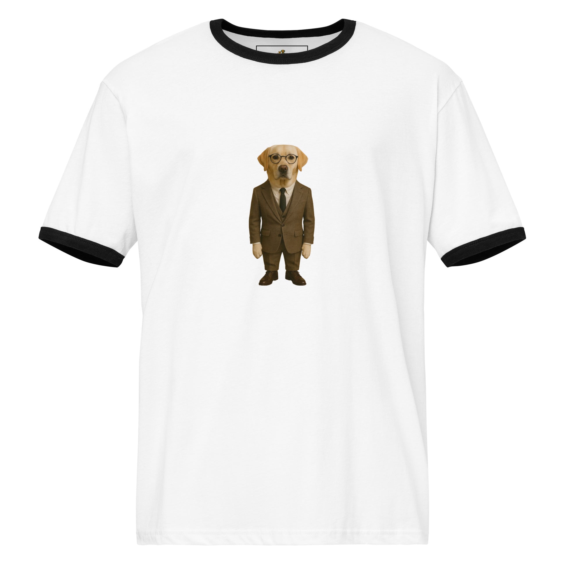 White t-shirt with a dog in a suit graphic on a white background
