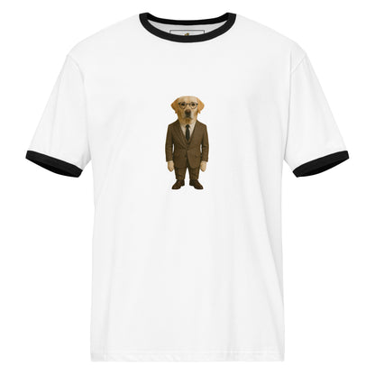 White t-shirt with a dog in a suit graphic on a white background