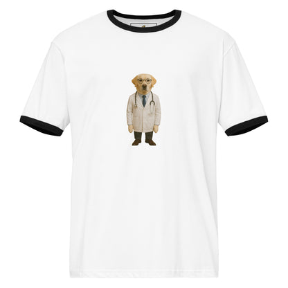 White t-shirt with black ringer sleeves featuring a dog in a doctor's outfit on a white background