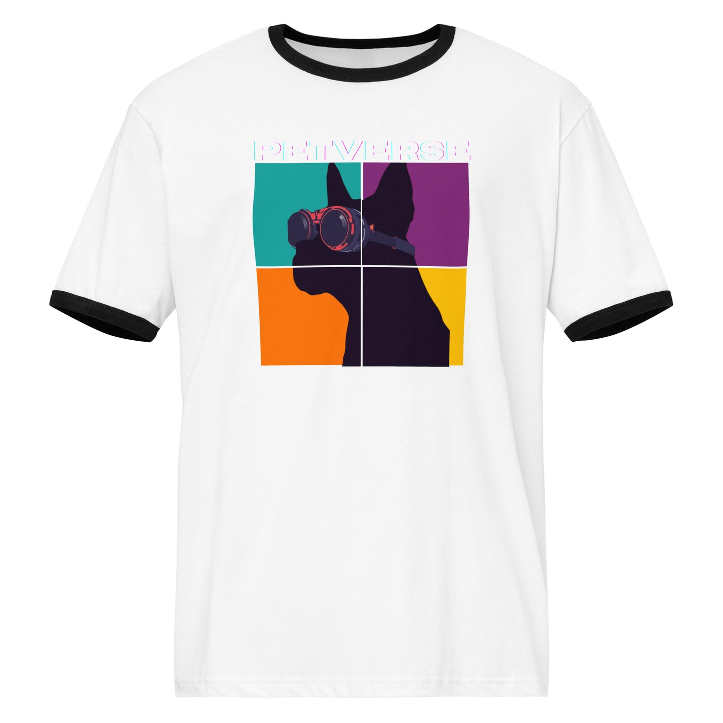 White t-shirt with black ringer sleeves featuring a colorful dog silhouette design on a white background.