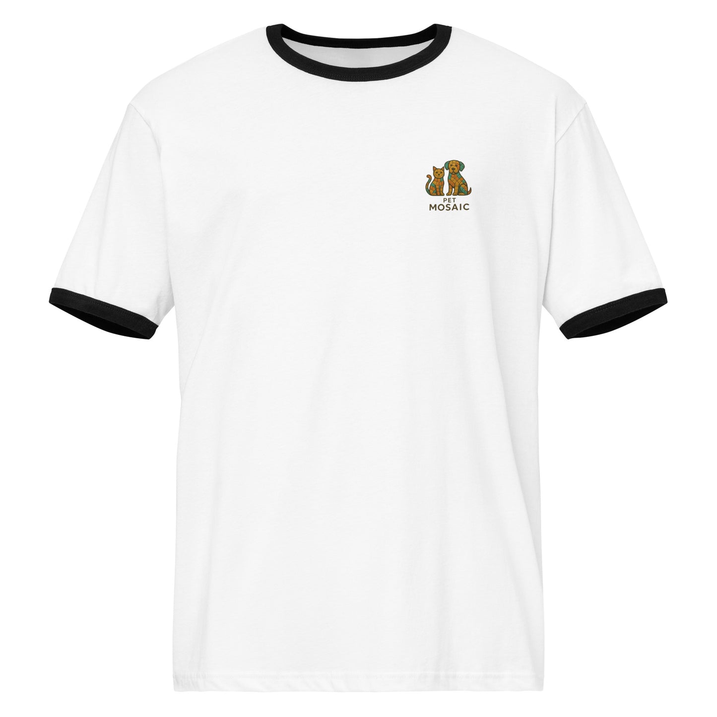 White t-shirt with black trim featuring a logo on a white background