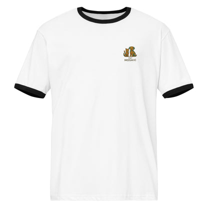White t-shirt with black trim featuring a logo on a white background