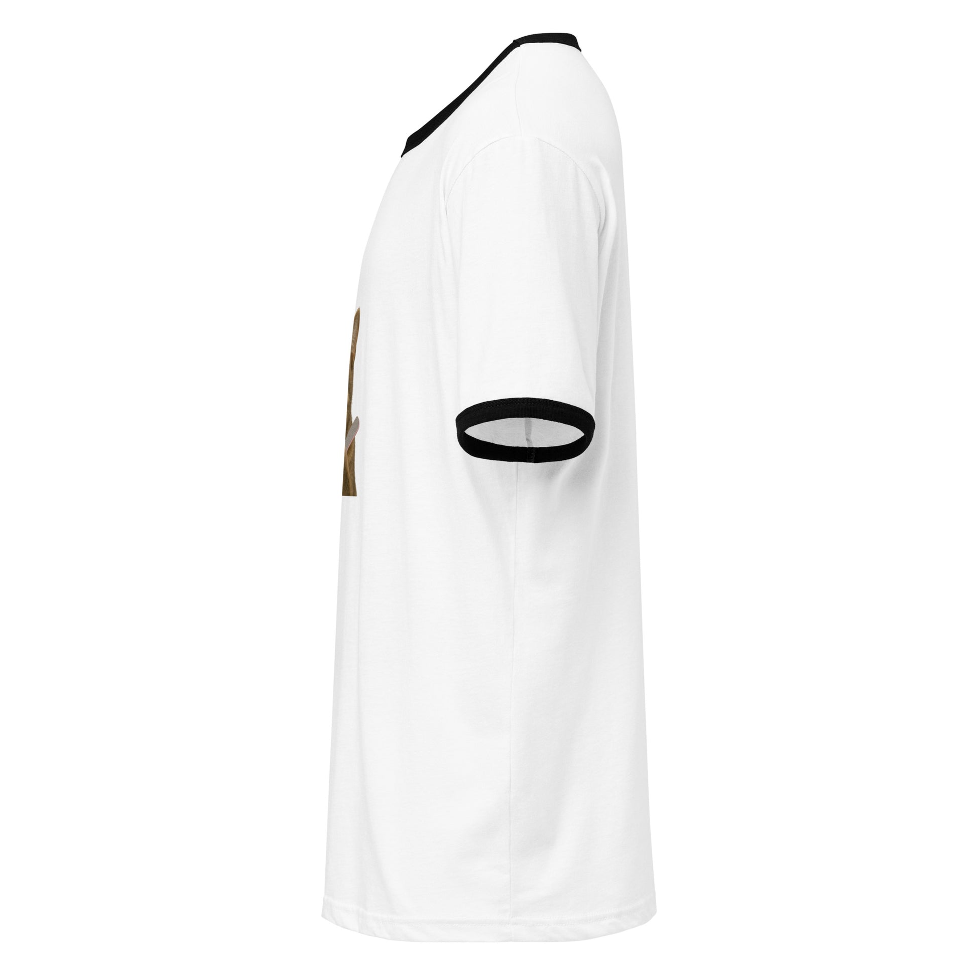 White sports jersey with black accents on a white background