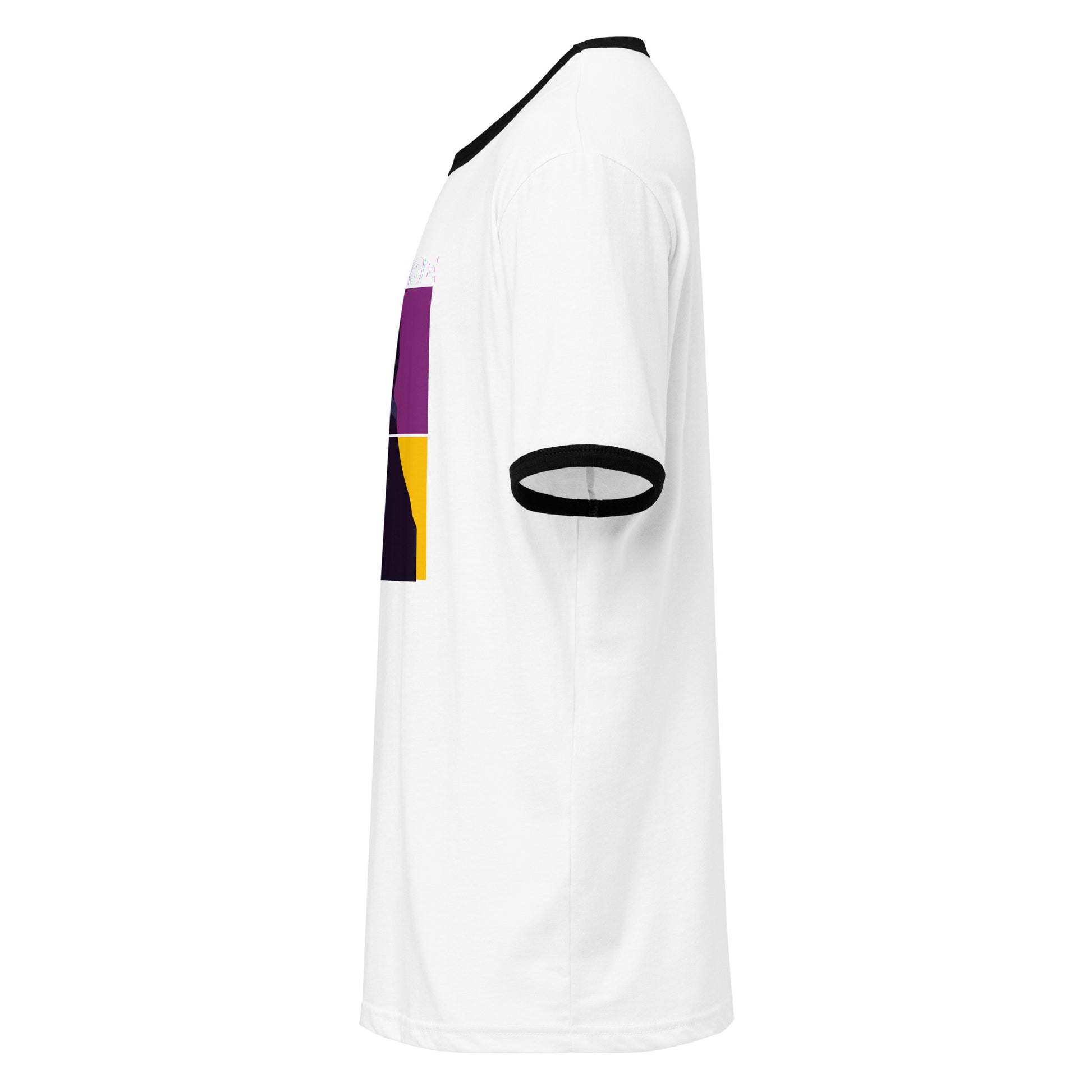White sports jersey with black and purple accents on a white background