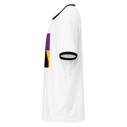 White sports jersey with black and purple accents on a white background