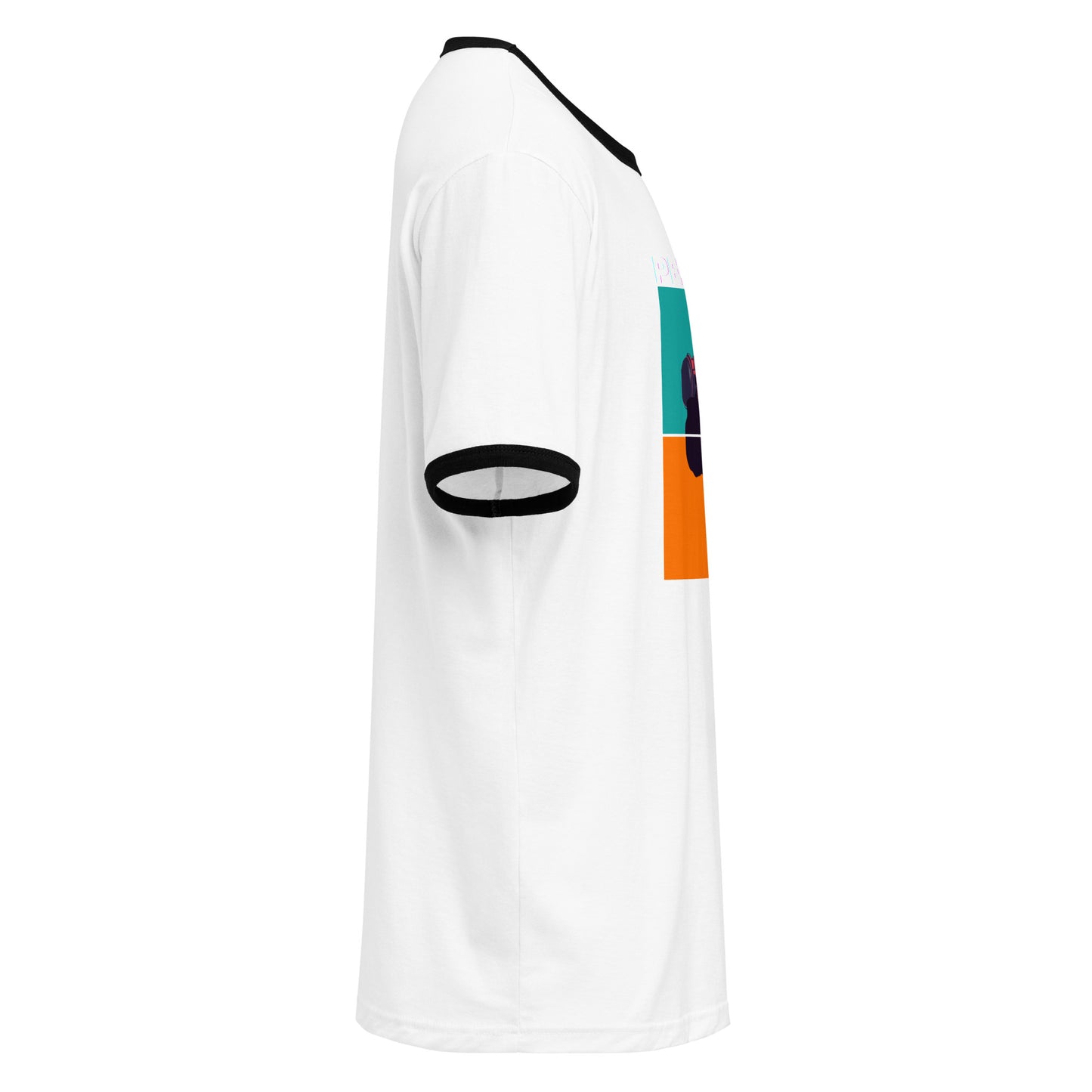 White dress with colorful abstract patterns on a white background