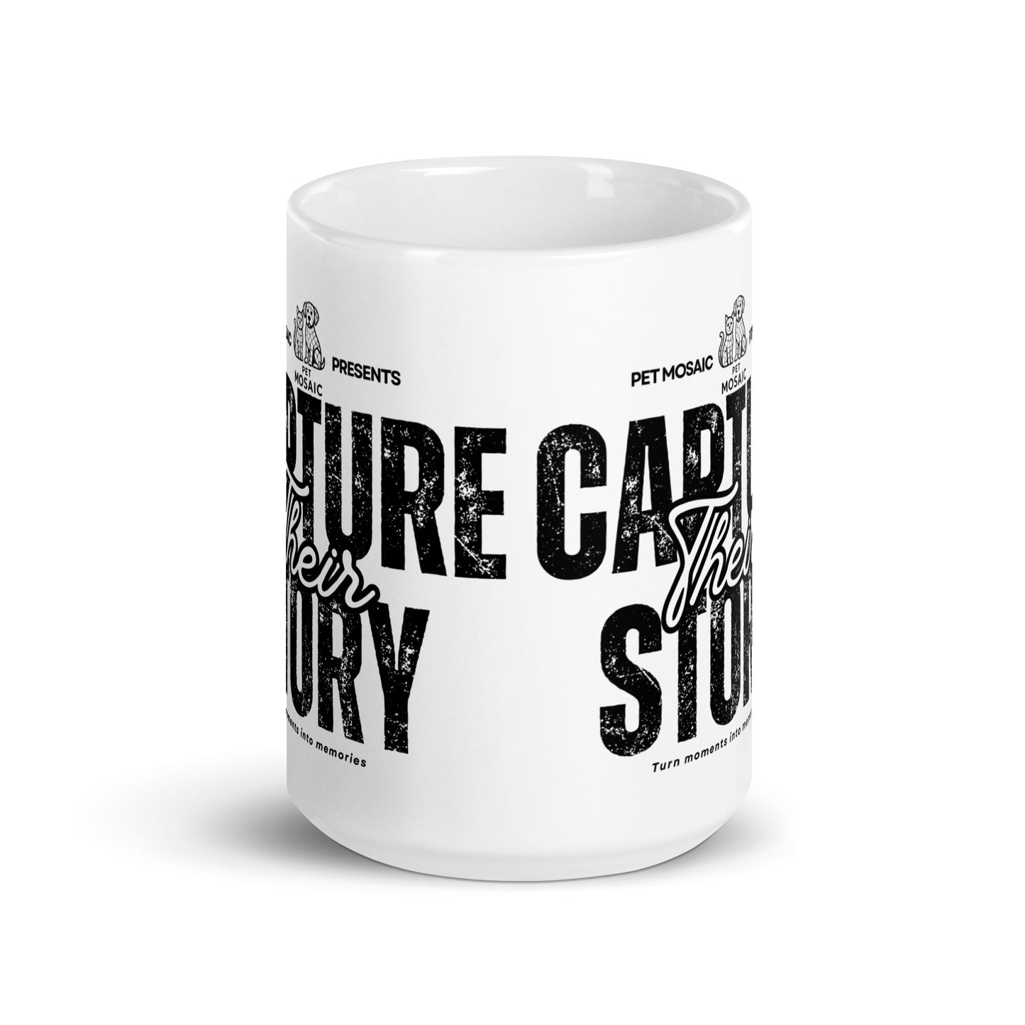 White mug with black text and branding on a white background
