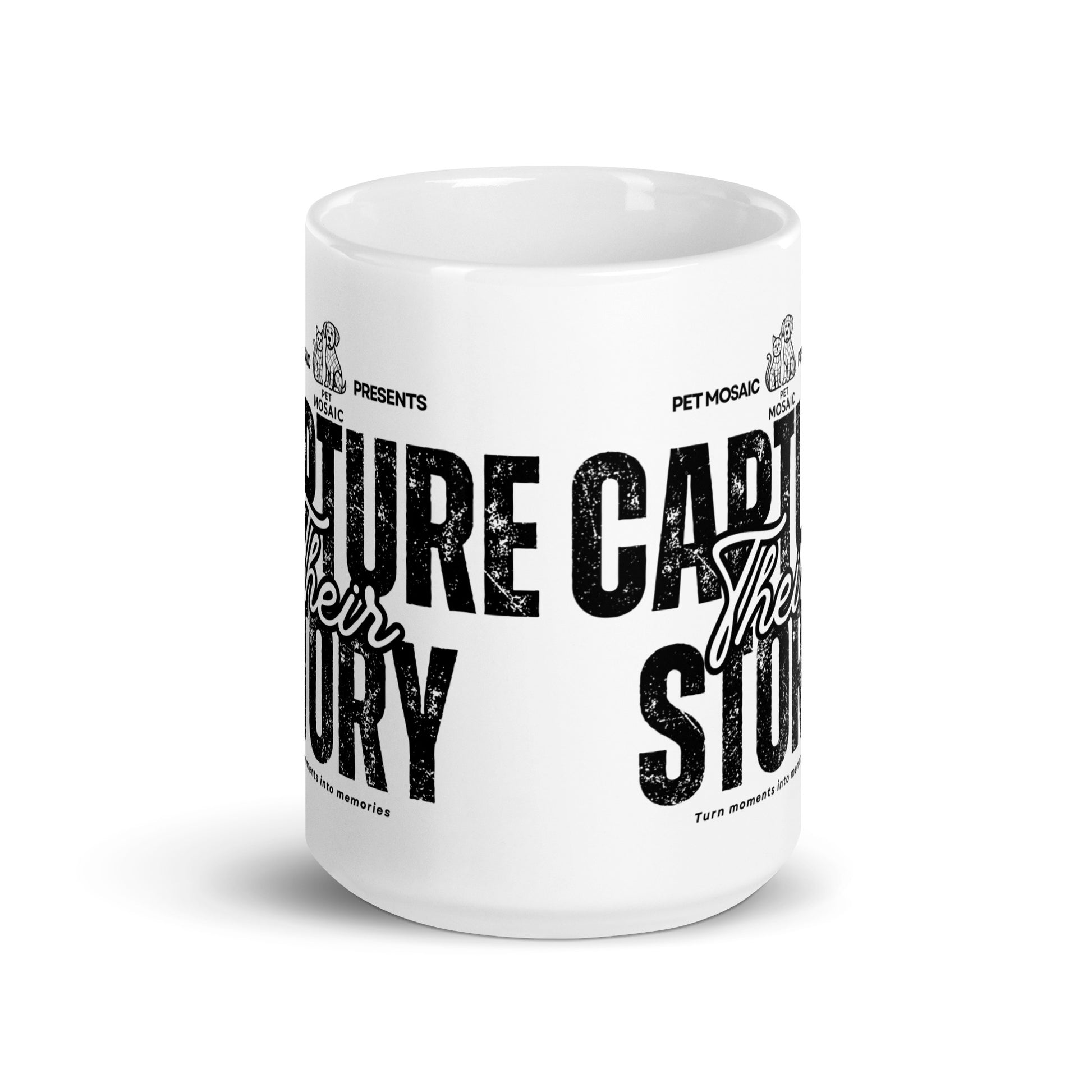 White mug with black text and branding on a white background