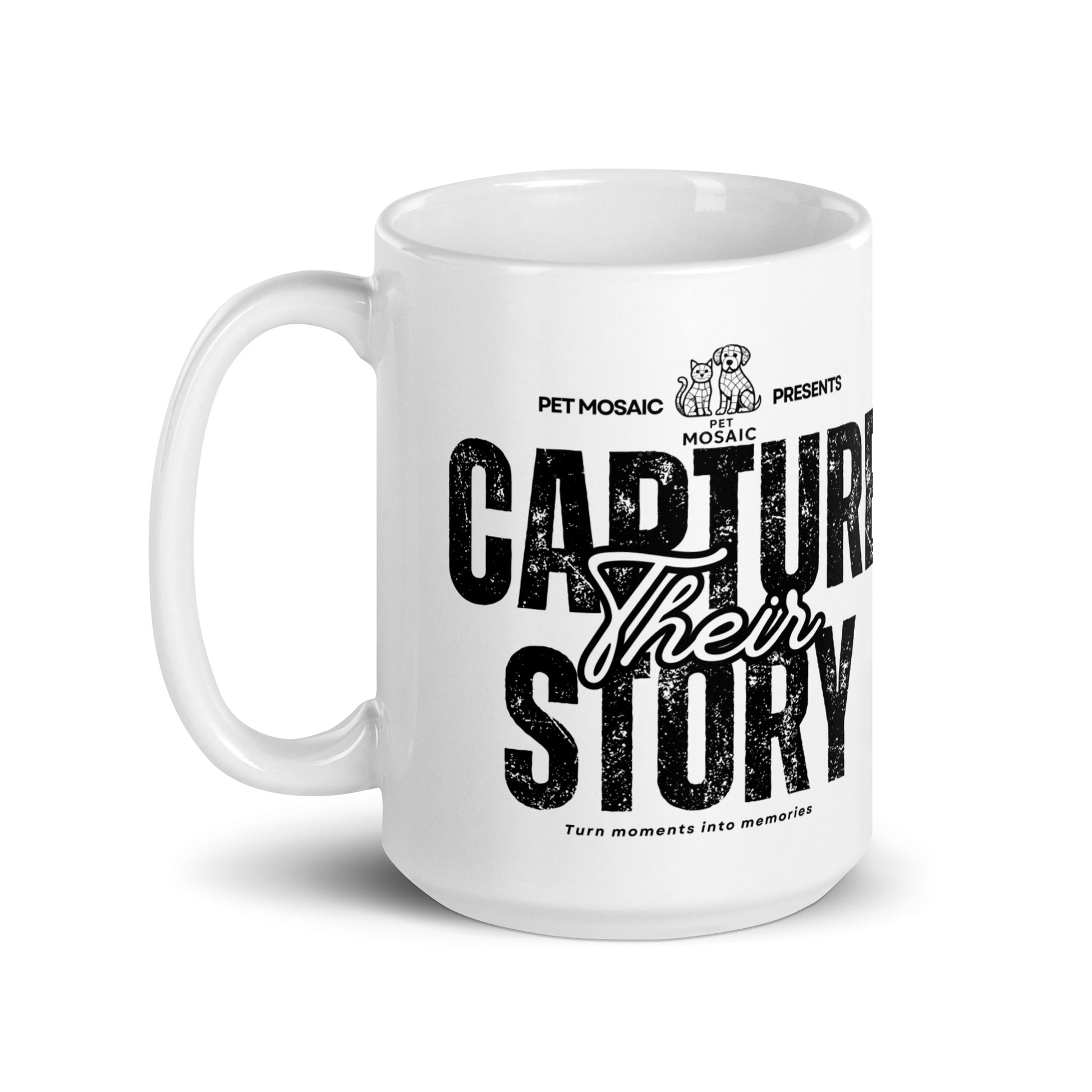 White mug with text 'Capture Their Story' and branding on a white background