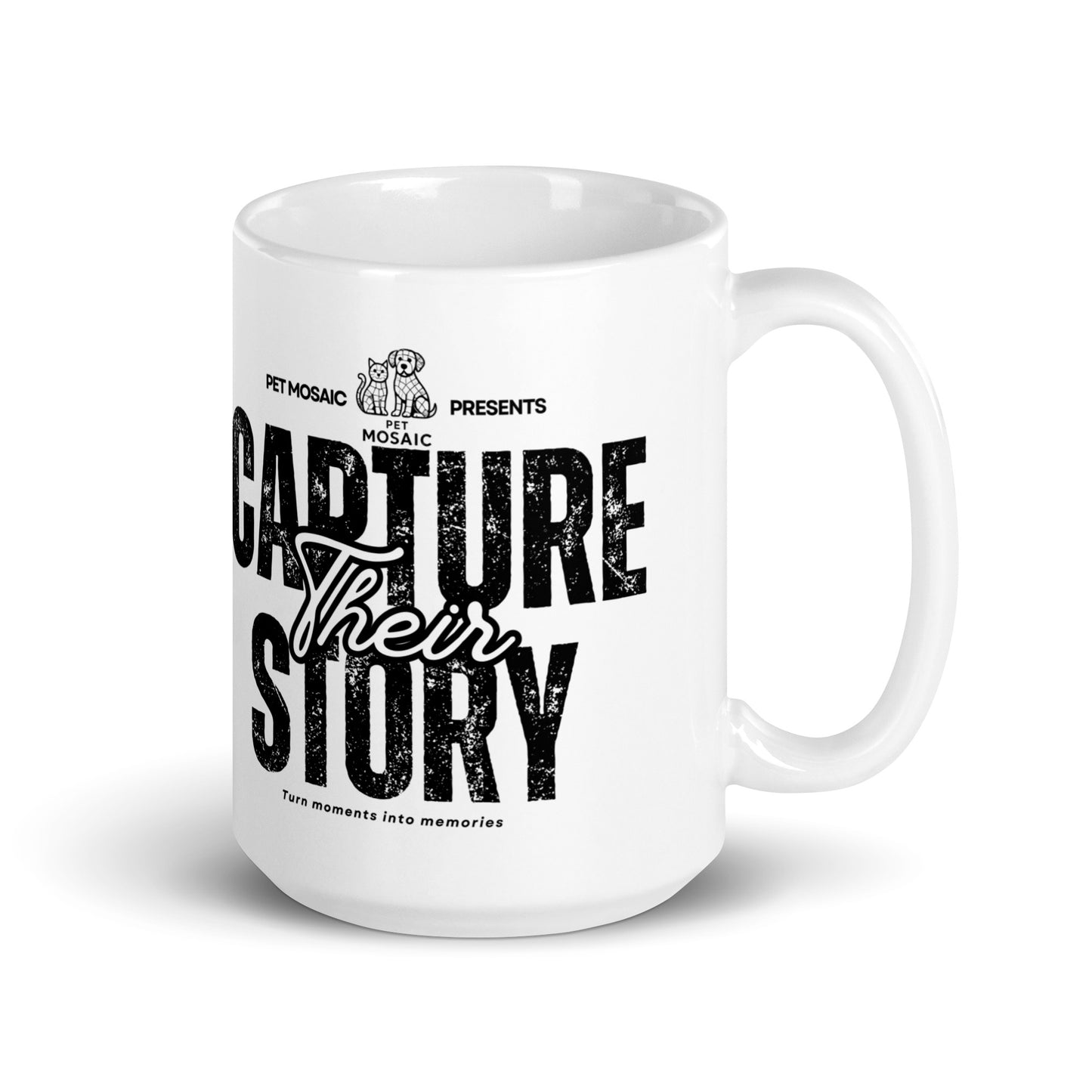 White mug with black text 'Capture Their Story' on a white background
