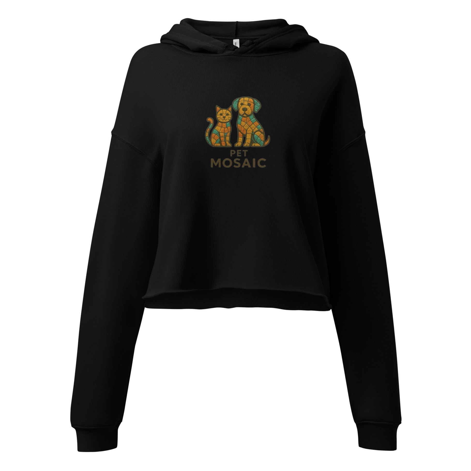 Black hoodie with a colorful dog design and 'Pet Mosaic' text on a white background