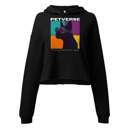 Black hoodie with colorful graphic and 'PETVERSE' text on a white background