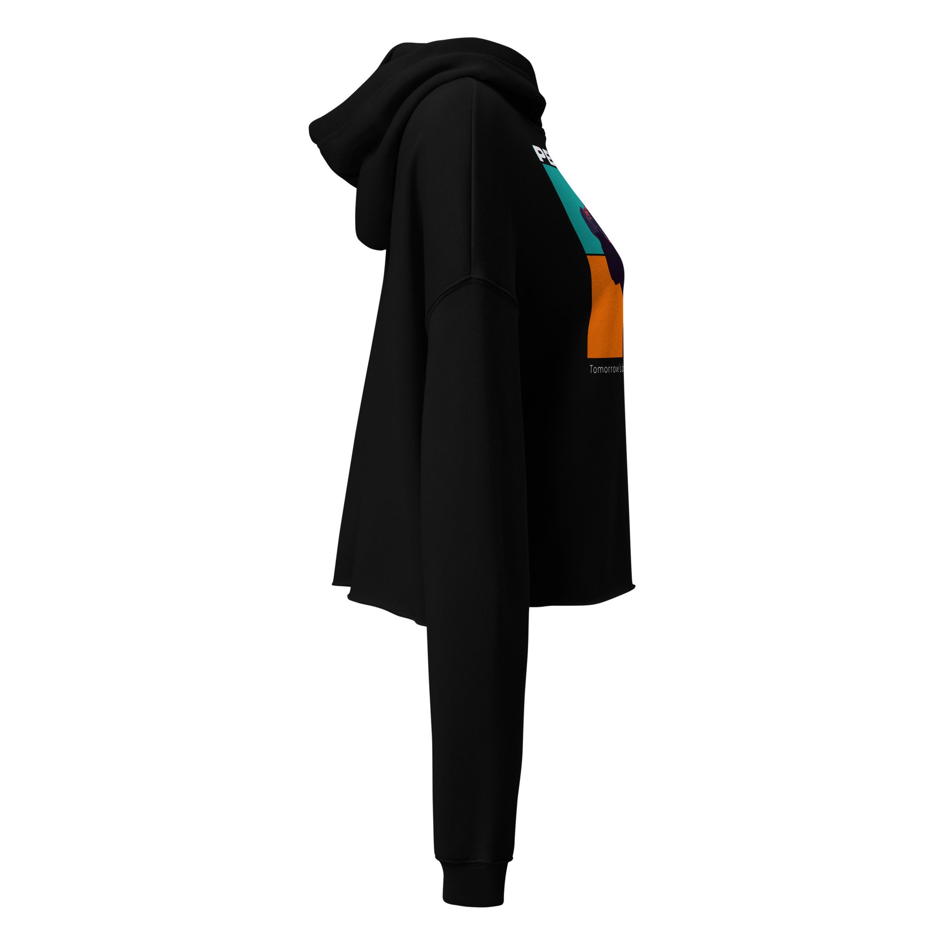 Black hoodie with colorful accents on a white background