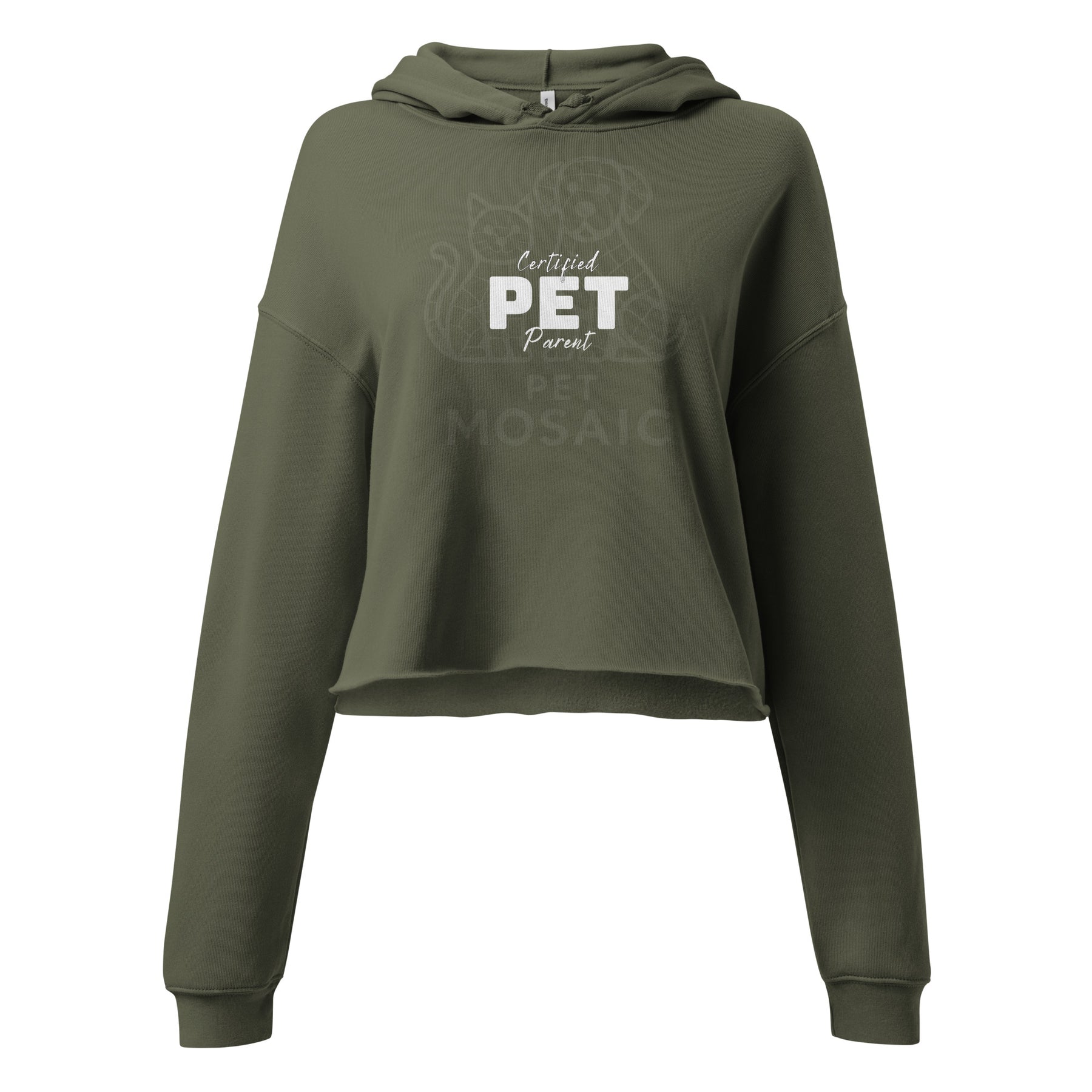 Green hoodie with 'Certified Pet Parent' text on a white background