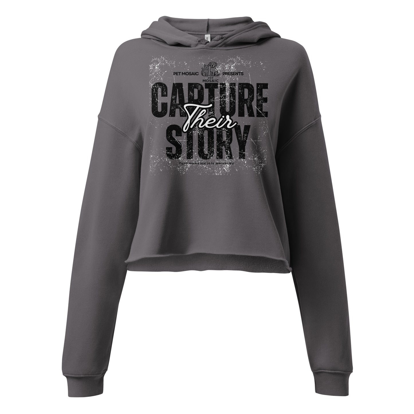 Gray hoodie with text 'Capture Their Story' on a white background