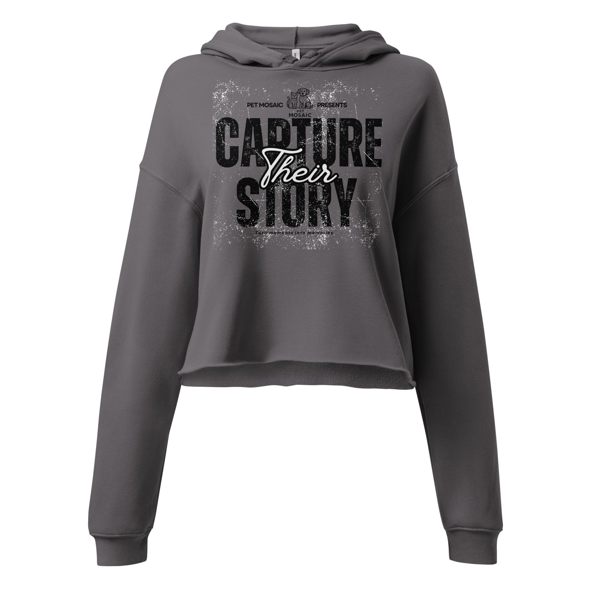 Gray hoodie with text 'Capture Their Story' on a white background