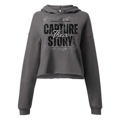 Gray hoodie with text 'Capture Their Story' on a white background