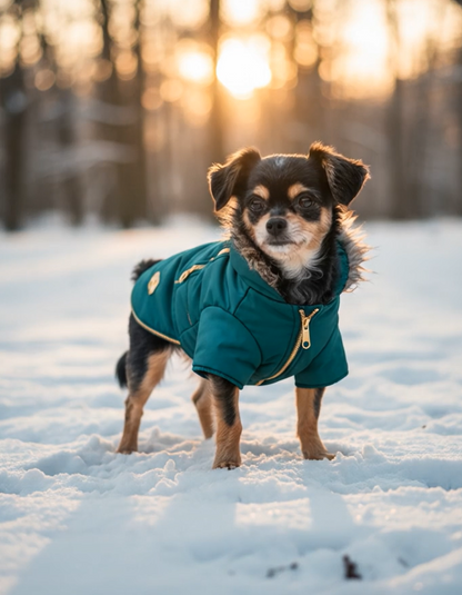 Small dog wearing a green coat standing in the snow with a sunset background