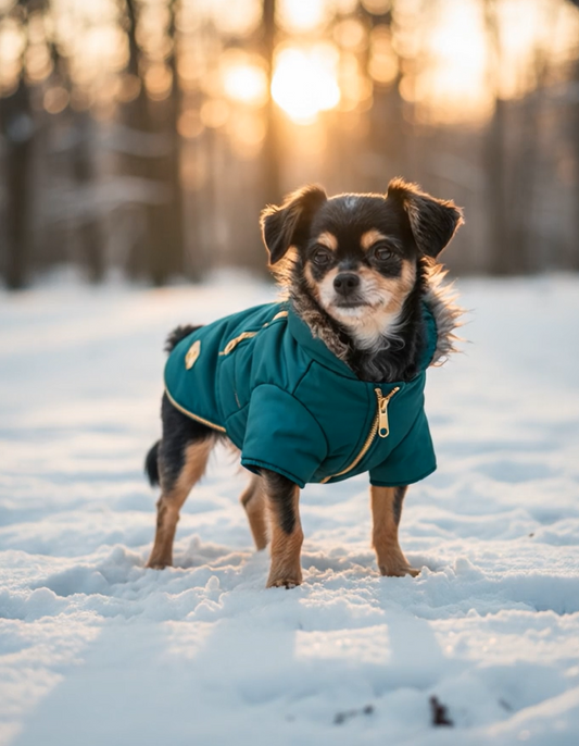 Small dog wearing a green coat standing in the snow with a sunset background
