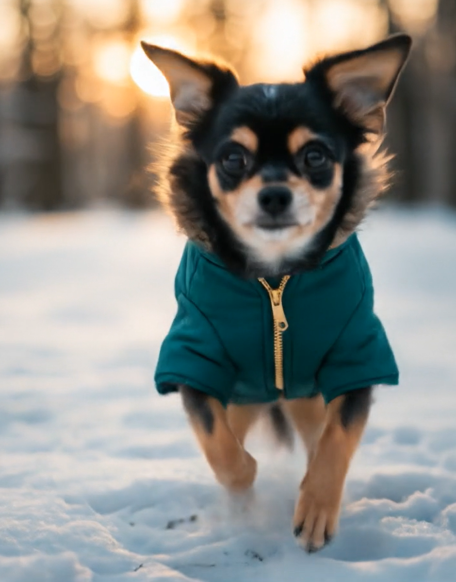 Small dog wearing a green coat standing in the snow with a blurred natural background