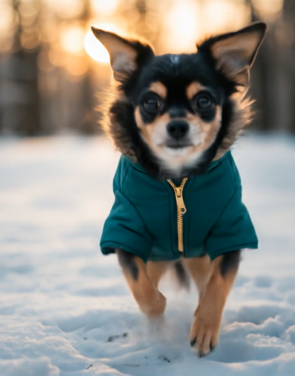 Small dog wearing a green coat standing in the snow with a blurred natural background