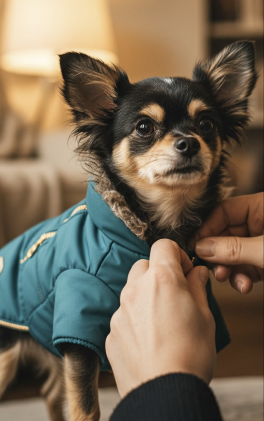 Small dog wearing a teal coat being adjusted by a person indoors.